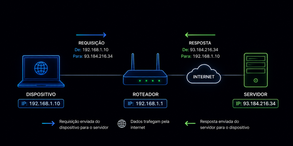 Fluxo de comunicação entre dispositivo, roteador e servidor utilizando endereços IP